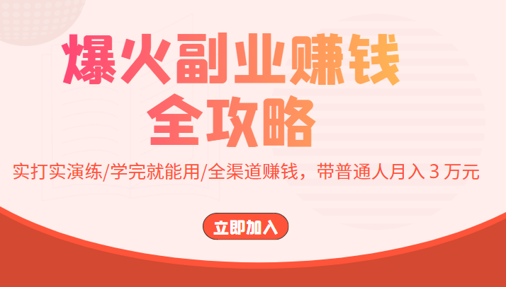 爆火副业赚钱全攻略：实打实演练/学完就能用/全渠道赚钱，带普通人月入３万元-86资源库