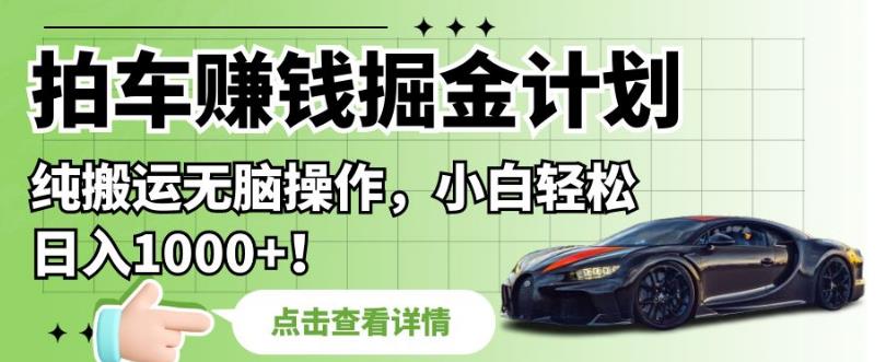 拍车赚钱掘金计划，纯搬运无脑操作，小白轻松日入1000+【揭秘】-86资源库