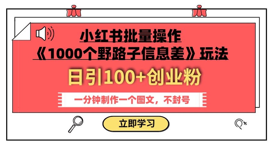 小红书批量操作《1000个野路子信息差》玩法，一分钟制作一个图文，不封号，日引100+创业粉-86资源库