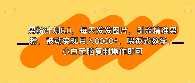 男粉计划6.0，每天发发图片，引流精准男粉，被动变现月入8000+，喂饭式教学，小白无脑复制操作即可-86资源库