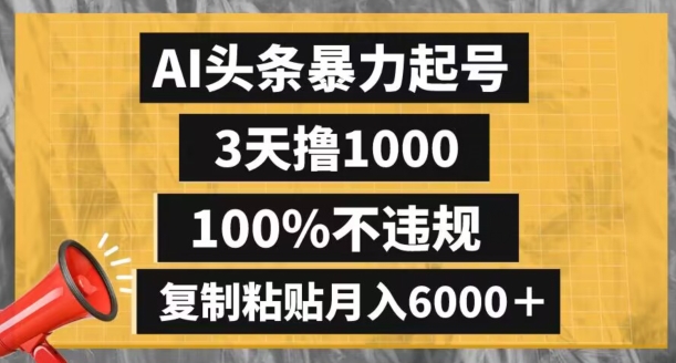 AI头条暴力起号，3天撸1000,100%不违规，复制粘贴月入6000＋【揭秘】-86资源库