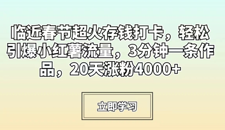 临近春节超火存钱打卡，轻松引爆小红薯流量，3分钟一条作品，20天涨粉4000+【揭秘】-86资源库