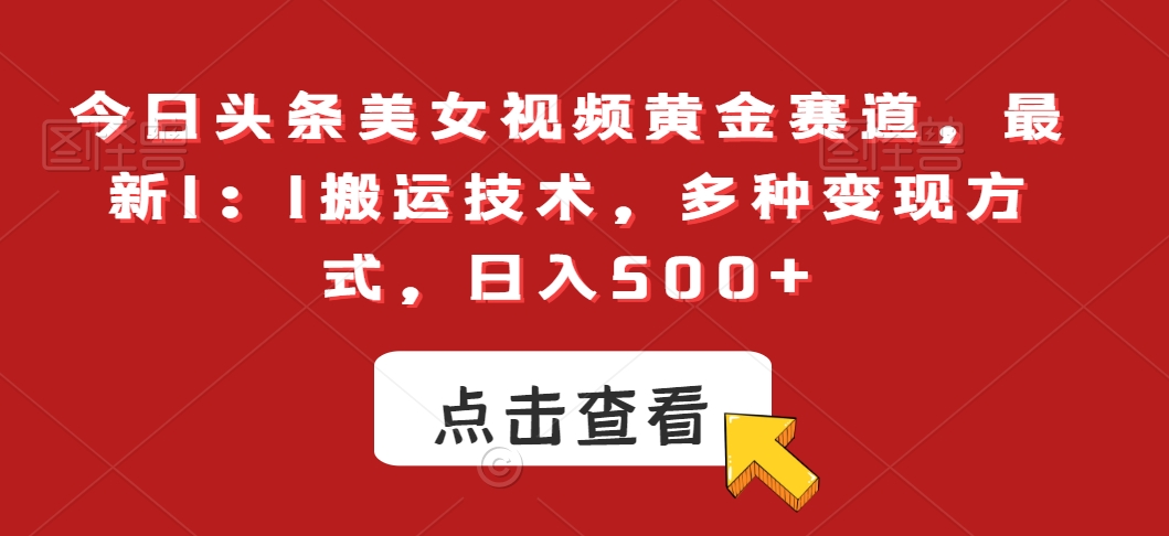 今日头条美女视频黄金赛道，最新1：1搬运技术，多种变现方式，日入500+【揭秘】-86资源库