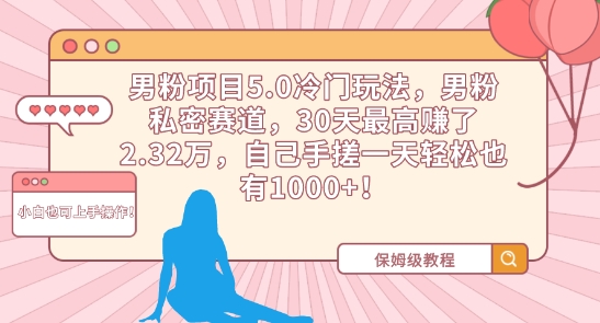 男粉项目5.0冷门玩法，男粉私密赛道，30天最高赚了2.32万，自己手搓一天轻松也有1000+【揭秘】-86资源库