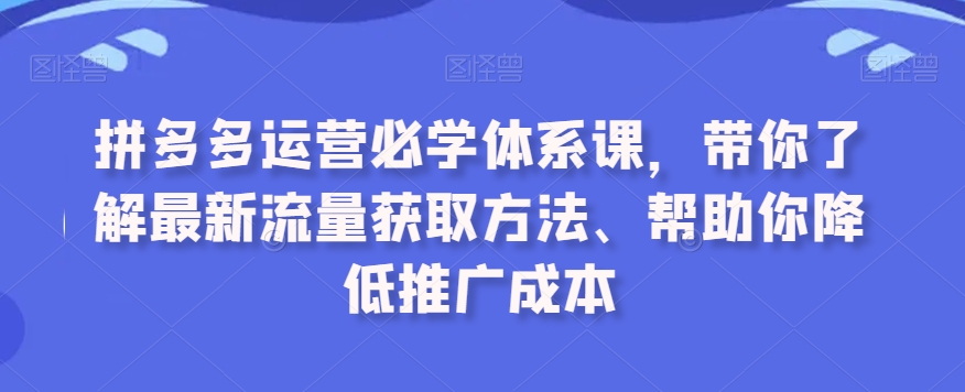 拼多多运营必学体系课，带你了解最新流量获取方法、帮助你降低推广成本-86资源库