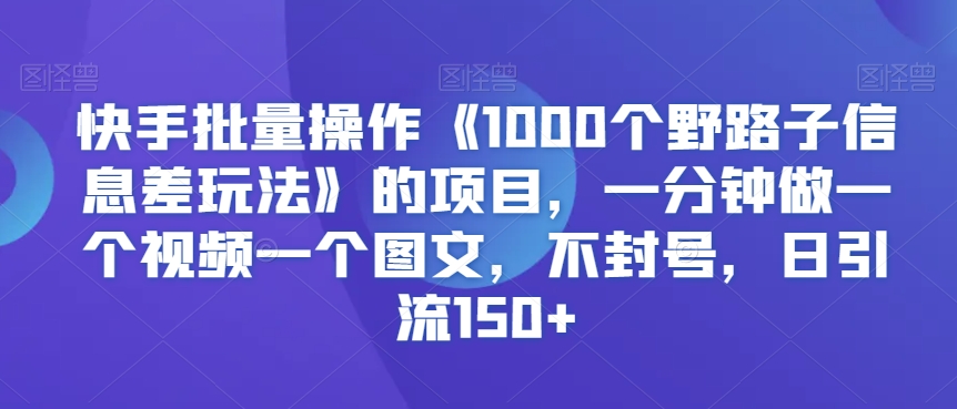 快手批量操作《1000个野路子信息差玩法》的项目，一分钟做一个视频一个图文，不封号，日引流150+【揭秘】-86资源库