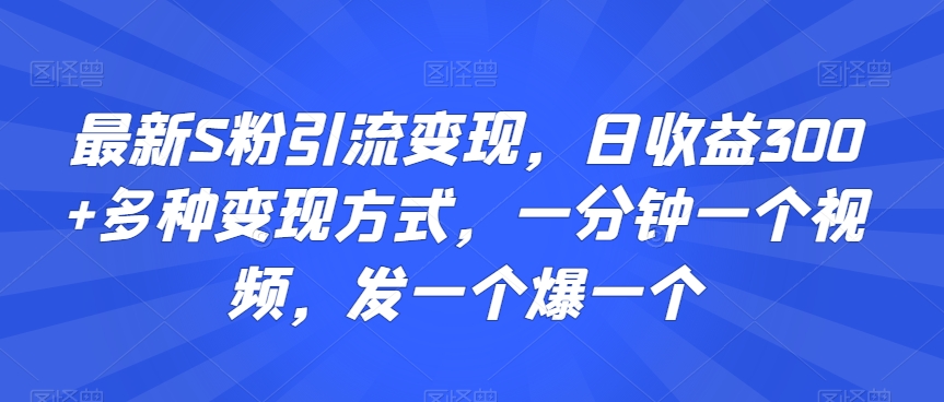 最新S粉引流变现，日收益300+多种变现方式，一分钟一个视频，发一个爆一个【揭秘】-86资源库