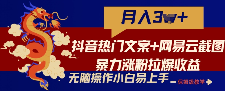 抖音热门文案+网易云截图暴力涨粉拉爆收益玩法，小白无脑操作，简单易上手【揭秘】-86资源库