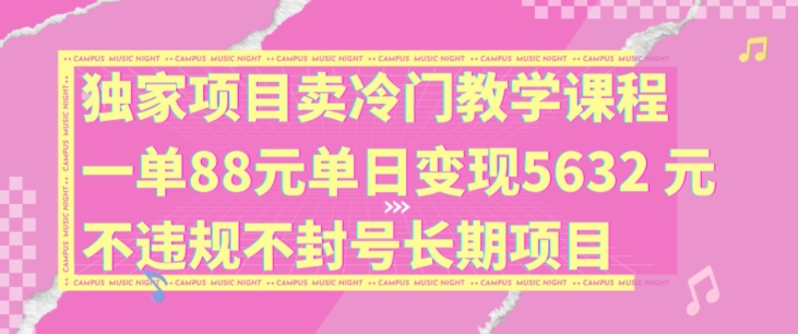 独家项目卖冷门教学课程一单88元单日变现5632元违规不封号长期项目【揭秘】-86资源库