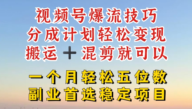 视频号爆流技巧，分成计划轻松变现，搬运 +混剪就可以，一个月轻松五位数稳定项目【揭秘】-86资源库