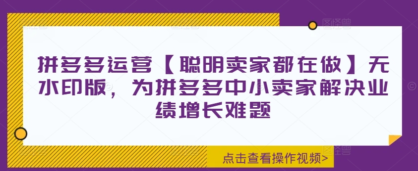 拼多多运营【聪明卖家都在做】无水印版，为拼多多中小卖家解决业绩增长难题-86资源库