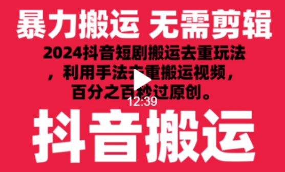 2024最新抖音搬运技术，抖音短剧视频去重，手法搬运，利用工具去重，达到秒过原创的效果【揭秘】-86资源库