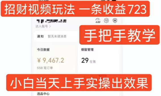 招财视频玩法，一条视频收益723，手把手教学，小白当天可上手-86资源库